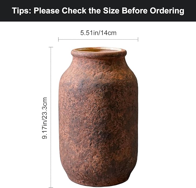 Rustic Terracotta Vase, Farmhouse Ceramic Vase, Decorative Clay Vintage Vases for Home Decor, Living Room,Table, Shelf Decor, 9 inch, Brown