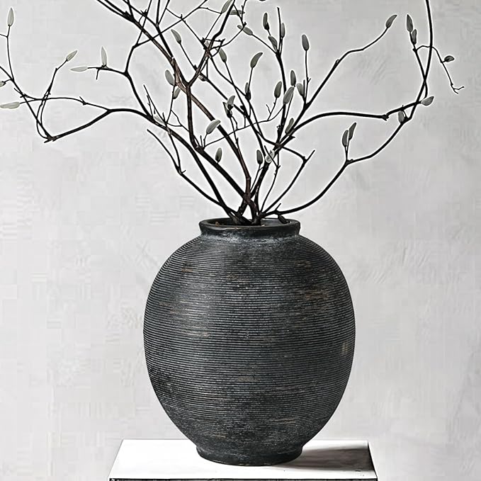 Large Black Ceramic Vase, 9.8 inch Round Minimalist Textured Flower Vase, Rustic Farmhouse Decor for Home, Living Room, Shelf, Table, Bathroom & Entryway Decoration (Black Bronze)