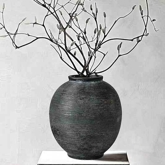 Large Black Ceramic Vase, 9.8 inch Round Minimalist Textured Flower Vase, Rustic Farmhouse Decor for Home, Living Room, Shelf, Table, Bathroom & Entryway Decoration (Black Bronze)