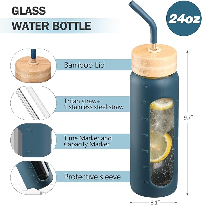 24oz Glass Water Bottle with Straw and 2 Lids-Bamboo and Spout Lid, Borosilicate Glass Water Bottle with Silicone Sleeve and Time Marker,BPA Free & Cupholder Friendly,Dark Blue