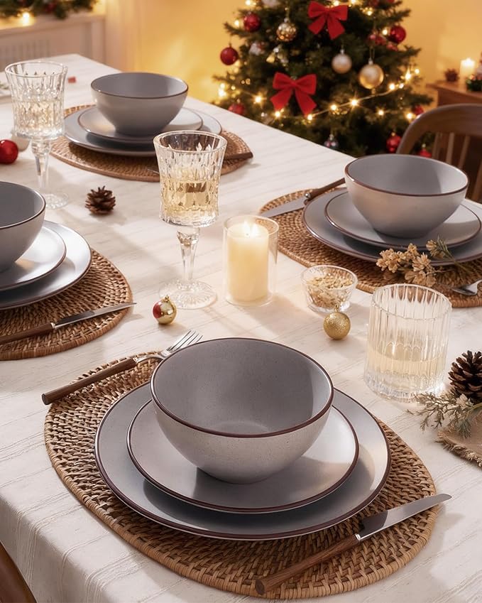 Famiware Venus Ceramic Plates and Bowls Sets, Speckled Dinnerware Dish Sets for 8 (24 Pieces) - Microwave and Dishwasher Safe, Matte Light Grey