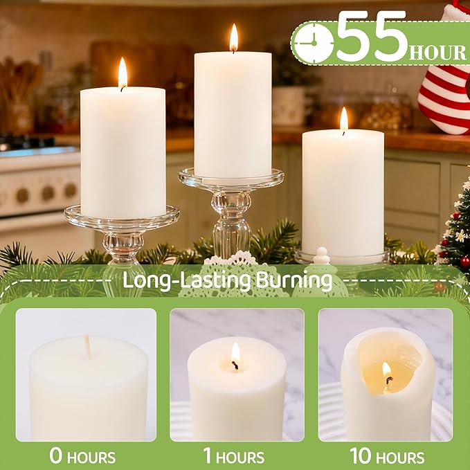 4 Pack Soy White Pillar Candles,Natural Soybean Pillar Candles,55 H Long Lasting Burning-Unscented,Dripless and Smokeless Rustic White Hand-Poured Candles Dinner Table,for Wedding,Home Decor 2.8x4in