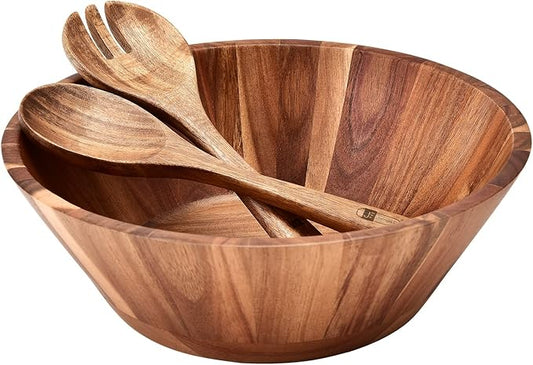 Wooden Salad Bowl, 12'' Acacia Wood Large Salad Bowl Set Big Salad Serving Bowl with Serving Utensils