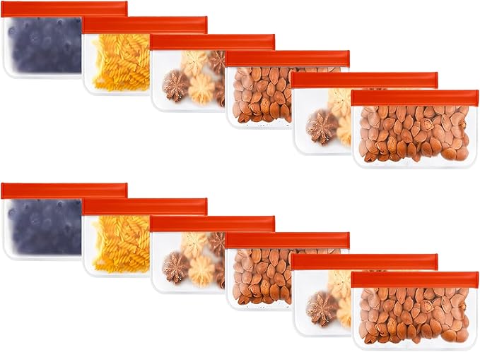 Reusable Silicone Storage Bags – 12-Pack Ziplock Bag Set (Small & Snack Size 7x5), BPA-Free Leakproof Freezer Pouches, Eco-Friendly & Durable, for Meal Prep, Kids Lunches, Travel & Kitchen Use