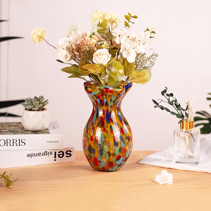 KAMMAK Colored Glass Vase, Beautiful Hand Blown Decorative Vase, Modern Art Vase for Flower Mantle Dining Table Centerpiece, Entryway Living Room Wedding Decoration, FH009