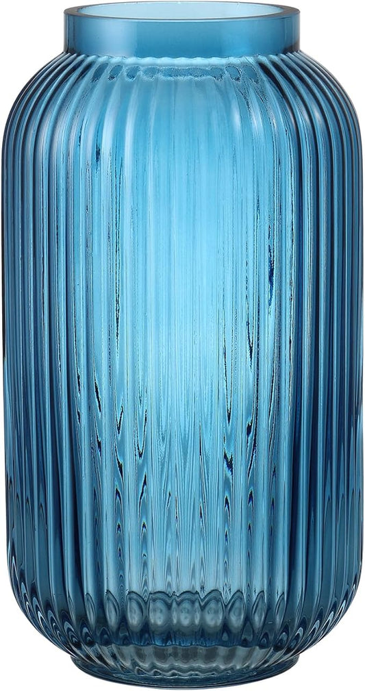 Ribbed Glass Vase, Blue Flower Vase for Bouquet, Glass Vases for Flowers, Modern Vases for Living Room, Bedroom, Kitchen, Dining Table, Office, Wedding, 8.6 Inches