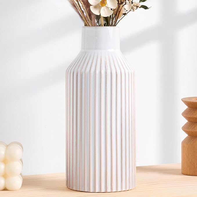 White Ceramic Flower Vase, Minimalist Home Decoration, 8 Inch Small Pampas Grass Vases for Kitchen, Bedroom, Office, Living Room, Bathroom, Shelf Centerpiece Table (White Beige)