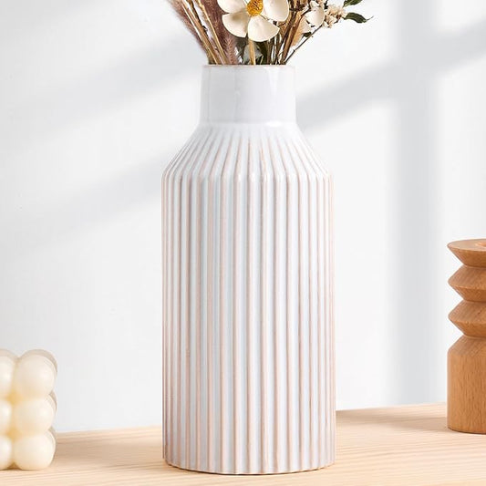 White Ceramic Flower Vase, Minimalist Home Decoration, 8 Inch Small Pampas Grass Vases for Kitchen, Bedroom, Office, Living Room, Bathroom, Shelf Centerpiece Table (White Beige)