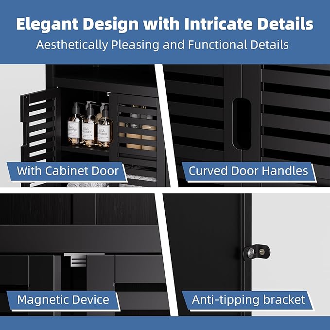 HITNET Black Bathroom Storage Cabinet, Freestanding Bamboo Floor Cabinet 5 Tier Tall Kitchen Cupboard with Door and Removable Shelves