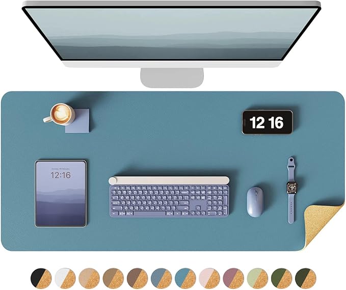 YSAGi Double-Sided Desk Pad, 35.4"x17"Leather Desk Mat, Eco Cork Desk Pad Protector,Large Mouse Pad,Waterproof Desk Blotter for Office/Home(Sea Blue)