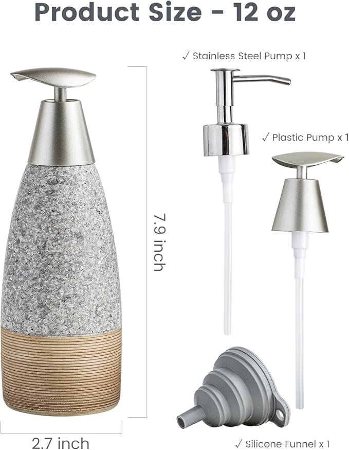 Ceramic Soap Dispenser with 2 Pumps, 12 oz Refillable Liquid Hand Soap Dispenser for Shampoo, Bathroom & Kitchen, Includes Silicone Funnel, Plastic and Stainless Steel Pump, Granite Grey