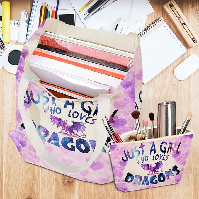 jeilink A Girl Loves Dragons Dragon Gifts Dragon Stuff Decor Canvas Tote Bag Makeup Bag Gifts for Women Girls Sister Friend Birthday Friendship Christmas Weekender Beach Shopping Bags for Work Office