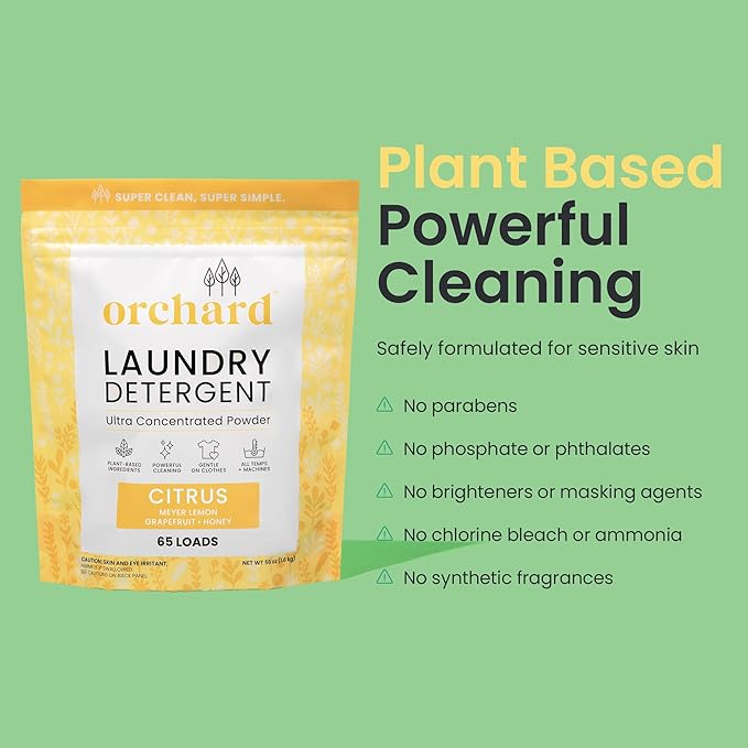 Orchard Laundry Detergent Powder Natural Deep Cleaning Laundry Powder for Sensitive Skin - Citrus - Plant Based Effective Ingredients - 65 Loads - Enzyme-Powered, Eco Friendly Detergent