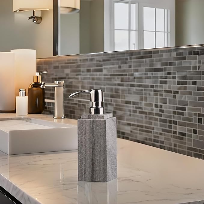 Hand Liquid&Lotion Soap Dispenser Pump Bottle Natural Marble for Kitchen Bathroom Countertop Laundry Room Holds Dish Soap Shampoo Laundry Liquid Shower Gel (Grey Sand)