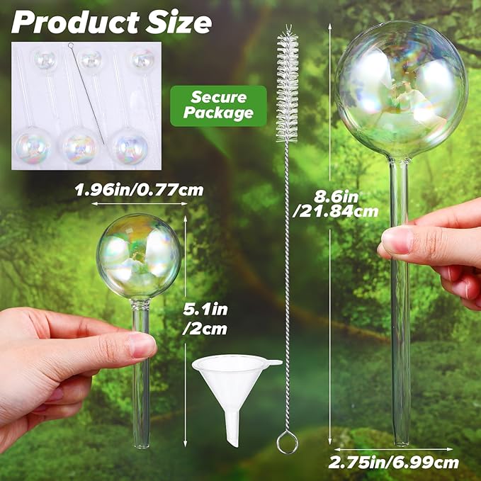 Plant Watering Globes, 6PCS Iridescent Rainbow Gradient Color Clear Glass Bulbs Self Watering Spikes Planter Insert, Automatic Plant Waterer Bulbs Devices for Various Plants