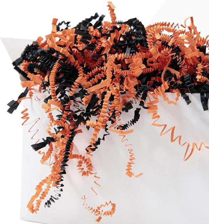 Mefleet 2 LB Halloween Crinkle Cut Paper Shred Filler Black & Orange Crinkle Shredded Paper for Gift Basket - Gift Box Bag Filler - Grass Cushion Stuffing for Halloween Packaging Wrapping