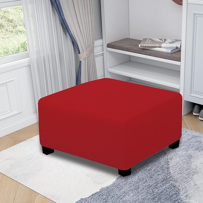 Easy-Going Stretch Square Ottoman Cover Folding Storage Stool Furniture Protector Soft slipcover with Elastic Bottom (30x30x15inch, Christmas Red)