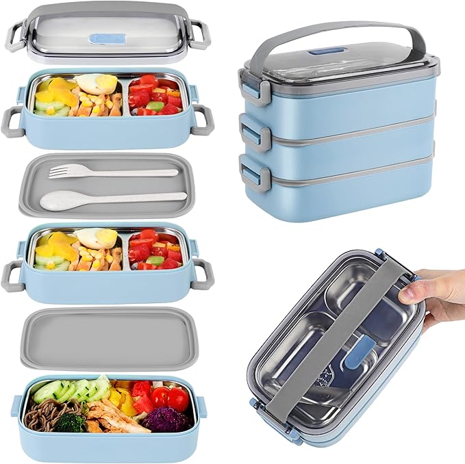 Bento Lunch Box for Kids Women Men, 47oz 2-Compartment Salad Metal Food Prep Pack Container for Lunch, Stainless Steel 3 Layers Stackable Lunch Containers with Lids for Adults and Teens Light Blue