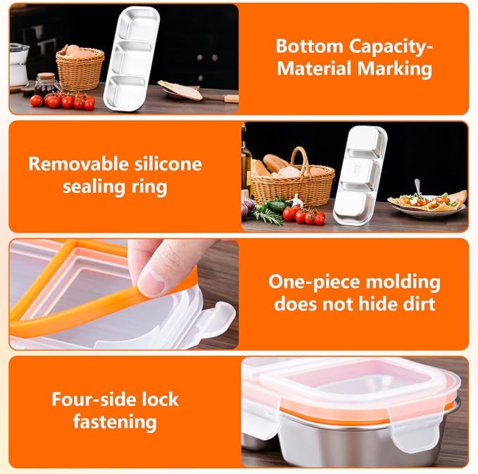 3 Pack Stainless Steel Snack Containers,3 Compartment Reusable stainless steel bento box, Leak Proof Metal Food Storage Containers,Stackable Bento Snack Box for School,Daycare,Work and Travel