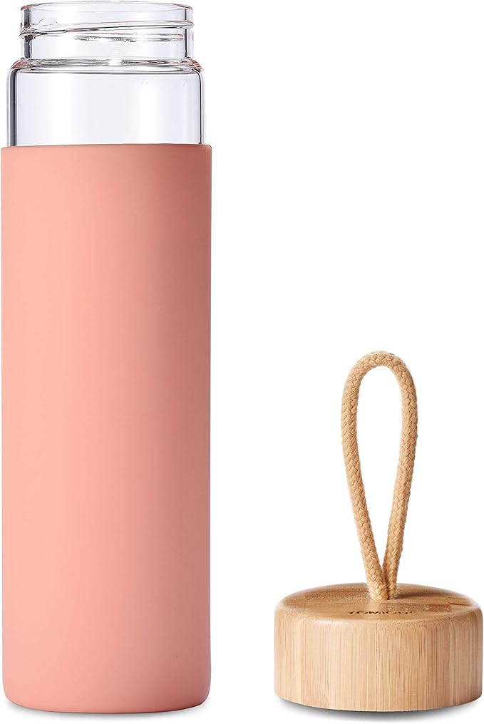 20 Oz Borosilicate Glass Water Bottles with Silicone Sleeve BPA Free, Dishwasher Safe - Reusable Clear Glass Drinking with Leak Proof Bamboo Lid | Perfect Gym Water Bottles for Men & Women