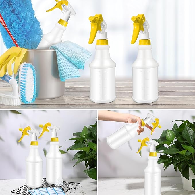 Eccliy 20 Pack 16oz Empty Spray Bottles, Leakproof Cleaning Bottles with Measurement and Adjustable Nozzle for Housekeeping, Commercial Use(Cylinder,Yellow Spray Head)
