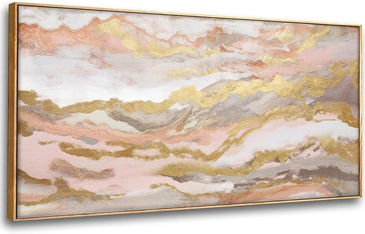 Abstract Pink Canvas Wall Art Framed Gold Abstract Line Artwork for Living Room Decor Canvas Art Bedroom Pictures Office Decoration for Wall 30x60in