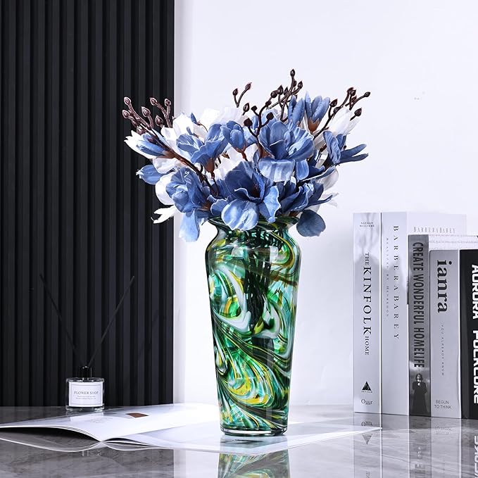 Blown Glass Green vase, Green Home Decorations, Modern Art Wide Mouth vase for Living Room Dining Table Coffee Table entryway TV Cabinet nightstand Centerpiece.