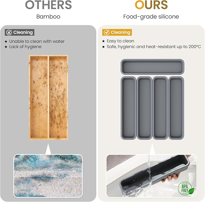 5 Pack Silicone Drawer Organizer for Kitchen, DIY Free Combination Silverware Organizer, Utensil Drawer Organizer, Moisture-proof and Heat-resistant up to 200°C, Anti-slip and Environmentally (Grey)