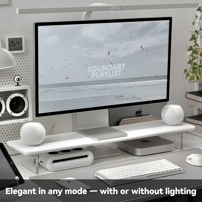 Bamboo Monitor Stand Riser with RGB Lights,31.5 Inches Desktop Shelf with Acrylic Legs Supports for Desk, PC Computer Monitor, Laptops, Printer, Speakers (White)