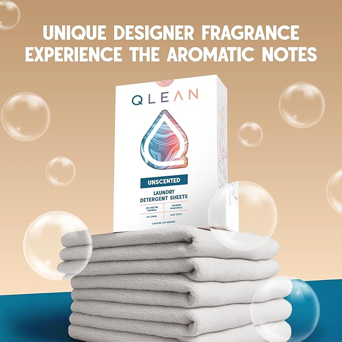 QLEAN Laundry Detergent Sheets (Travel Size 10 Loads) – Travel Laundry Detergent Sheets for Sensitive Skin, Unscented Fragrance Free Eco-Friendly Laundry Soap, HE & Standard Washer Safe, Stain Remover