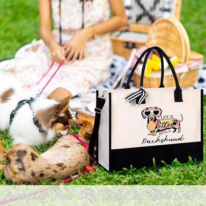 Dachshund Gifts for Women, Weiner Dog Canvas Tote Bag with Zipper for Dachshund Lovers Travel, Shopping, Beach – Perfect Weenie Dog Gifts for Mother's Day, Christmas, Birthday