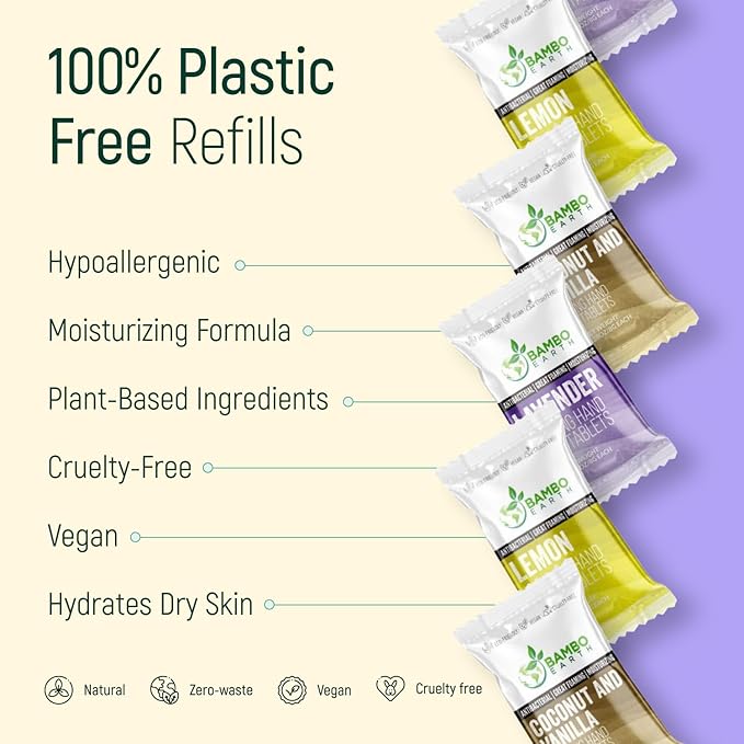 18 Pack Natural Foaming Hand Soap Tablets - Soft Moisturizing Handwash Tab Refills - 1 Tablet = 9 Oz Refillable Liquid Wash Foam Handsoap - Eco-Friendly Paper Softsoap Refill Tabs (Dispenser + 6 Tabs)