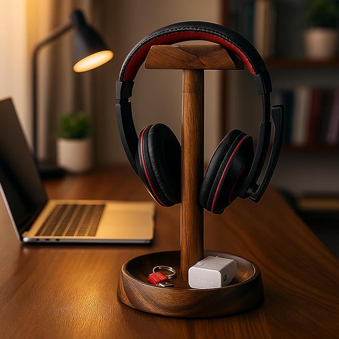 Wooden Headphone Stand with Tray – Solid Acacia Headset Holder for Desk Organization, Universal Fit for Sony, Bose, Beats, Gaming Headsets & Controllers