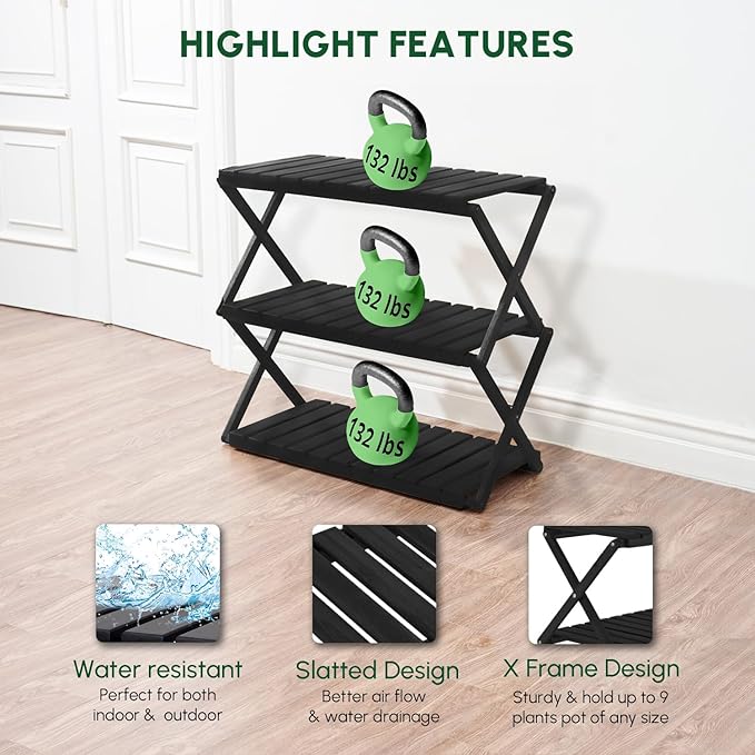 BEEFURNI Acacia Stand Indoor, Wooden Outdoor Plant Stand, Foldable Corner, 3 Tier Plant Stand, Easy Assembly, Plant Bench Patio Balcony Sunroom Decor, Christmas Gift, 1-year Warranty