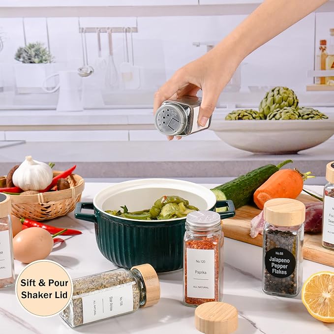 24 Pcs Glass Spice Jars Bamboo Lids with Spice Drawer Organizer Set, 4 Tier-8 Pack Acrylic Expandable Spice Rack , 396 Spice Labels, Seasoning Containers Organization for Kitchen Cabinet Countertop