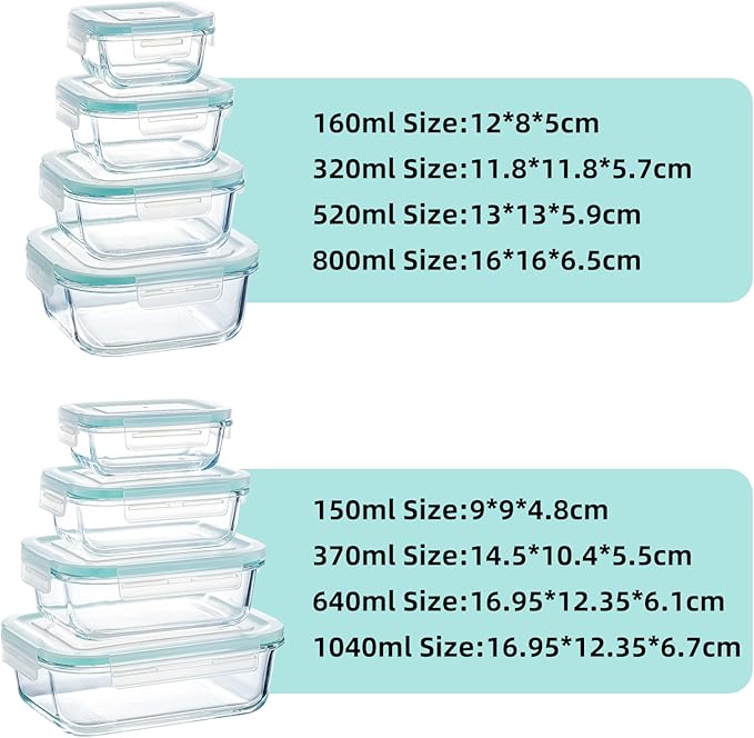 8-piece glass food storage container, glass pre meal preparation container, with sealing cover, suitable for use in microwave ovens, ovens, refrigerators, and dishwashers