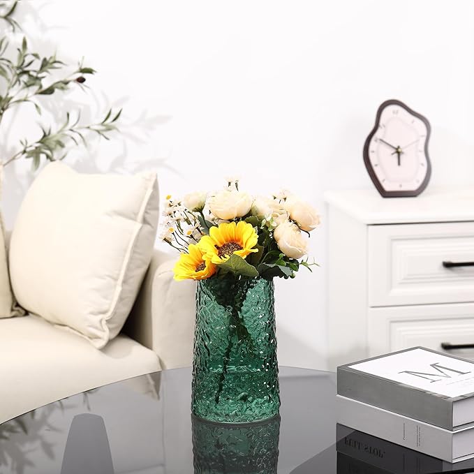Green Glass Vase, Flower Vases for Bouquet, Modern Glass Vase for Flowers, Large Vases for Living Room, Bedroom, Kitchen, Office, Wedding, Dining Table, 8 Inches