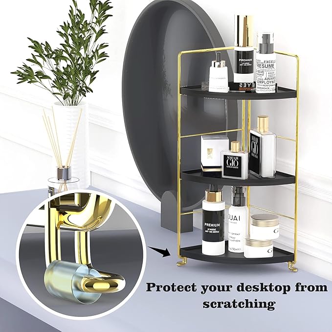 3-Tier Corner Bathroom Organizer Countertop for Storage, Counter Tray and Vanity Organizer, Plastic Counter Organizer for Kithchen, Bathroom, Dresser (Gold +Black)