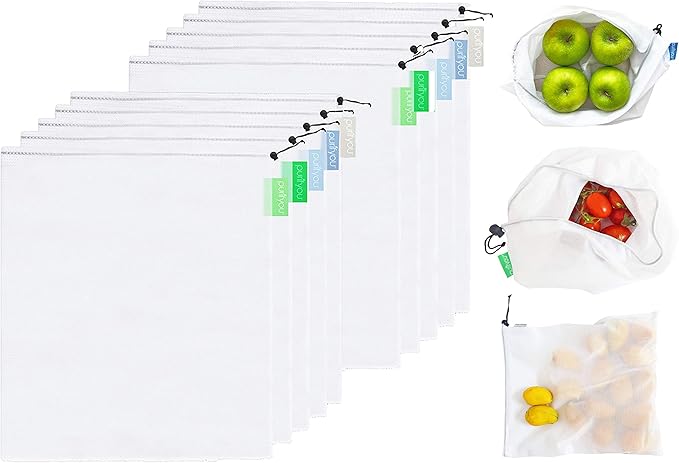 purifyou Set of 10 Reusable Produce Bags - Large (12x14), Farmers Market Bags, Washable Shopping Bags, Gift Bags, Storage for Fruits, Vegetables, Toys, Groceries, Kitchen and Home Organizer