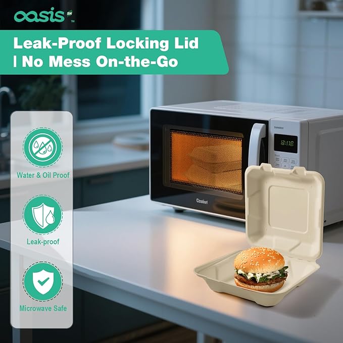 𝟴𝘅𝟴", 𝟲𝟴-𝗣𝗮𝗰𝗸 3-Compartment Clamshell Takeout Containers, 100% Compostable Heavy-Duty Disposable Paper Lunch Boxes(Natural)