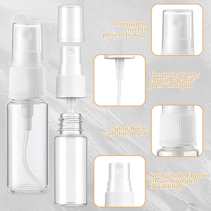 7-Pack Small Spray Bottles Kit - 5PCS 15ml Travel Spray Bottle + Cleaner & Tunnel, Clear Empty Fine Mist Bottles Refillable Liquid Containers for Perfume, Care Liquid, Cosmetics, Alcohol