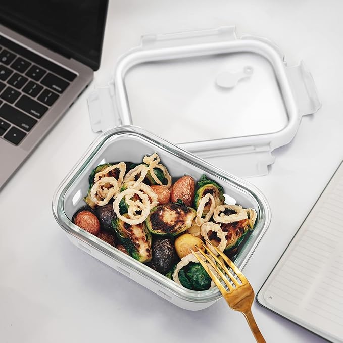 Glass Food Storage Meal Prep Containers - Food Grade Silicone Wrap & Air Release Vent, Rectangular shape - 8 Pc Set (4 Containers - 4 Matching Lids)