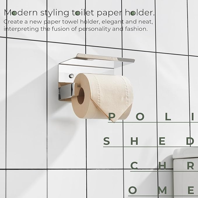 KOKOSIRI Toilet Paper Holder with Shelf Chrome Bathroom Toilet Roll Holder for Restroom T-304 Stainless Steel Wall Mounted, Polished Finish, B2010CH