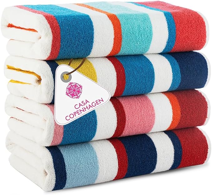 CASA COPENHAGEN Bora Bora Beach Towels Designed in Denmark Rough and Tough, Quick Dry, for Pool, Bath & Shower 30x60 inches 4 Pieces Cotton Beach Bath Towels Set - Pink, Red, Yellow, Turquoise