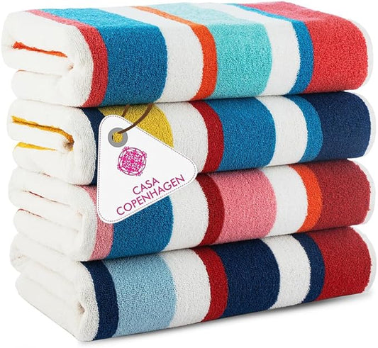 CASA COPENHAGEN Bora Bora Beach Towels Designed in Denmark Rough and Tough, Quick Dry, for Pool, Bath & Shower 30x60 inches 4 Pieces Cotton Beach Bath Towels Set - Pink, Red, Yellow, Turquoise