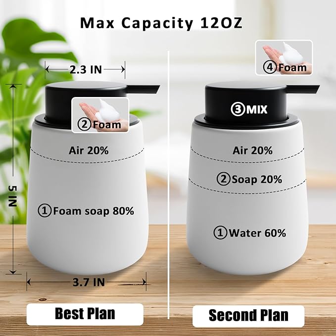 Soap Foaming Dispenser Ceramic with Easy-to-Press Pump Hand Foam Dispenser for Shampoo Bathroom Kitchen 12 oz