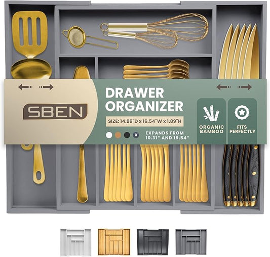 Sben Expandable Drawer Organizer for Utensils Holder, Adjustable Cutlery Tray, Wood Drawer Dividers Organizer for Silverware, Flatware, Knives for Kitchen (Gray)
