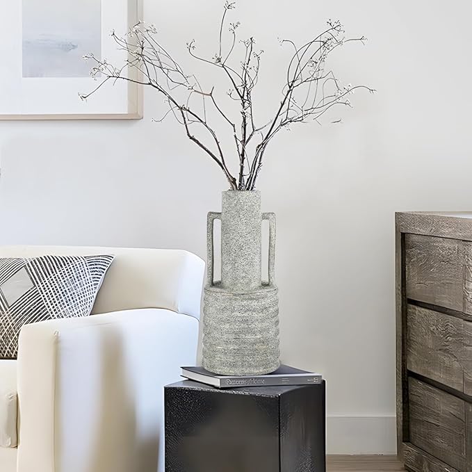 Hollyone Large Vintage Ceramic Vase with 2 Handles, 15.6" Tall Gold-Toned Antique Rustic Decorative Floral Grey Vases for Flowers Home Table Centerpiece Shelf Living Room Entryway Farmhouse Decor