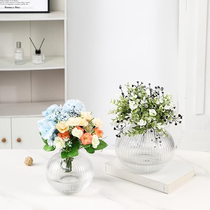 Round Glass Vases Set of 2, Flower Vases for Bouquet, Ribbed Glass Vase for Flowers, Small Clear Vase for Living Room, Office, Coffee Table, Shelf, Wedding