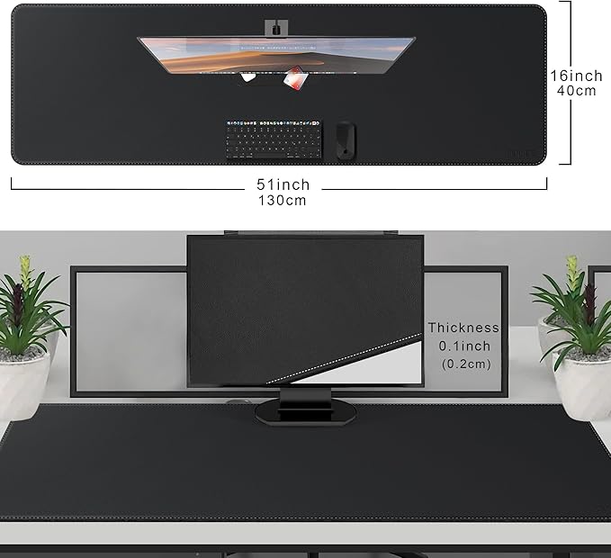 CENNBIE Leather Desk Mat Protector, 51.2" x 16" Extra Large Leather Office Desk Pad Mat for Full Desk, Computer Desk Mat on top of desks - Oversized Large Mouse Pad (Black)